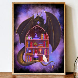 Dragon Library Fine Art Print, Fantasy Illustration, Dragon Lover Gift, Bookworm Wall Decor, Magical Dragon and Books Drawing, Dragoncore