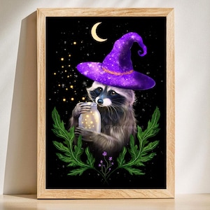 Wizard Raccoon Fine Art Print, Woodland Animal, Witchy Raccoon, Raccoon Lover Gift, Raccoon Wall Decor, Magical Forest, Raccoon Illustration
