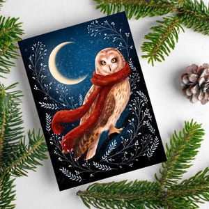 Tarjeta de felicitación navideña con búho, tarjeta de noche nevada, tarjeta de vacaciones de invierno, idea de regalo para amantes de los búhos, tarjeta de temporada festiva, tarjeta con animales del bosque de invierno