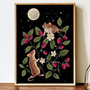 Mouse and Raspberry Fine Art Print, Mouse Wall Decor, Mice Lover Gift, Dark Cottagecore, Forest Illustration, Moody Nature Decor