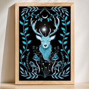 Blue Stag Fine Art Print, Woodland Animal, Whimsical, Magical Buck, Deer Wall Decor, Forest Illustration, Dark Cottagecore, Witch Gift Idea