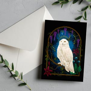 Carte de voeux chouette magique, carte d'anniversaire pour amateur de chouette, carte vierge chouette, illustration animalière, forêt enchantée, carte chouette faite main, carte fantaisiste
