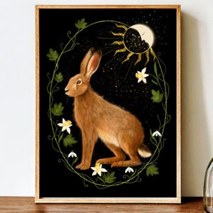 Ostara Hase Fine Art Print, Frühlings-Tagundnachtgleiche Wand Kunst, Witchy Wohn Dekor, Hase Illustration, Dunkle Cottagecore, Hase Zeichnung, Natur inspiriert