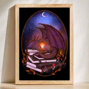 Fantasy Dragon Fine Art Print, Dragon Guarding Books, Bookish Dragon, Dragon Lover Gift, Bookworm, Reader Gift, Fantasy Reader, Dragon Decor
