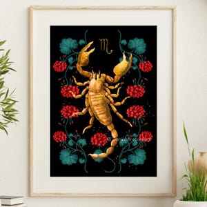 Scorpio Art Print: Golden Scorpion, Red Flowers, Zodiac Illustration