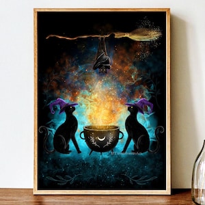 Halloween Witch Cats Fine Art Print, Black Cat Wall Decor, Autumn Illustration, Cat Lover Gift, Dark Cottagecore, Gothic, Dark Academia