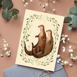 Otter Couple Card, Valentine&#39;s Day Card, Otters in Love, Animal Pair Greeting Card, Wedding Anniversary Gift, Romantic Otter, Loving Otters