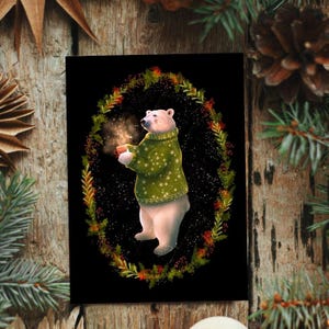Biglietto di auguri natalizio con orso polare, biglietto per le feste, biglietto per la foresta invernale, regalo per gli amanti dell'orso polare, biglietto vuoto, cancelleria invernale
