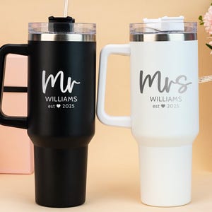 Personalized Mr and Mrs 40oz Tumbler with Handle & Straw, Bride and Groom Travel Mug, Engagement Gift, Wedding Party, Honeymoon Present