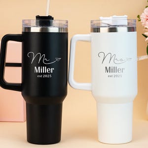 Personalized 40oz Tumbler with Handle & Straw, Custom Engraved Engagement Mugs, Bride and Groom Cups, Wedding Party, Honeymoon Presents