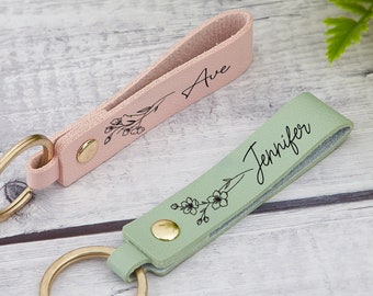 Personalized Birth Flower Keychain, Engraved Leather Keyring, Custom Birthday Gifts for Her, Birth Flwoer Gift with Name,Unique Holiday Gift