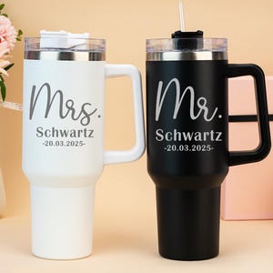 Personalized 40oz Tumbler with Handle & Straw, Mr and Mrs Mug, Bride and Groom Travel Mug, Engagement Gift, Wedding Party, Honeymoon Present