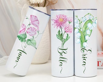 Personalized Tumbler With Name, Custom Birth Flower Coffee Mug, Gift for Her, Birthday Gift, Flwoer Tumbler for Bridemaid, Mothers Day Gift