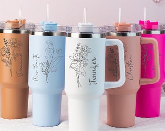 Personalized Birth Flower 40oz Tumbler with Name, Custom 40oz Tumbler with Handle & Straw, Bridesmaid Proposal, Mothers Day Gift for Mom Cup