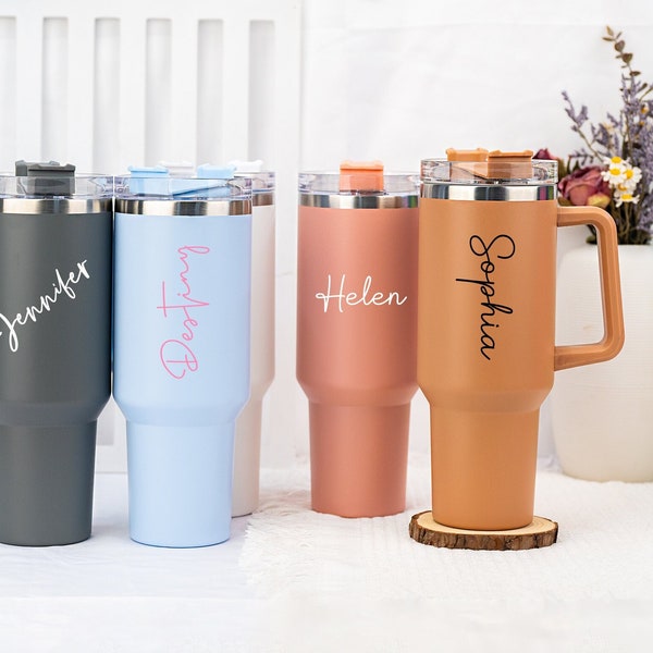 Personalised Name 40oz Double Wall Insulated Cup Travel Bottle Rubber Handles Hot Cold Mug With Straw Gift for Her Birhtday Gift