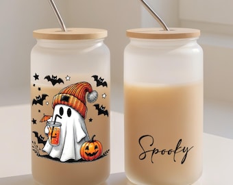 Personalized Cute Ghost Coffee Cup, Custom Name Glass Cup, Halloween Ghost Glass Tumbler, Cute Fall Tumbler, Spooky Season Iced Coffee Glass