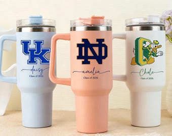 Personalized College Logo University Tumbler, Custom 40oz Tumbler with Handle & Straw, ADD YOUR LOGO, Graduation Gift for Her
