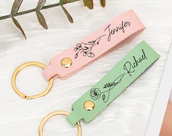 Personalized Birth Flower Keychain, Engraved Leather Keyring, Custom Birthday Gifts for Her, Birth Flwoer Gift with Name,Unique Holiday Gift