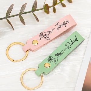 Personalized Birth Flower Keychain, Engraved Leather Keyring, Custom Birthday Gifts for Her, Birth Flwoer Gift with Name,Unique Holiday Gift image 1