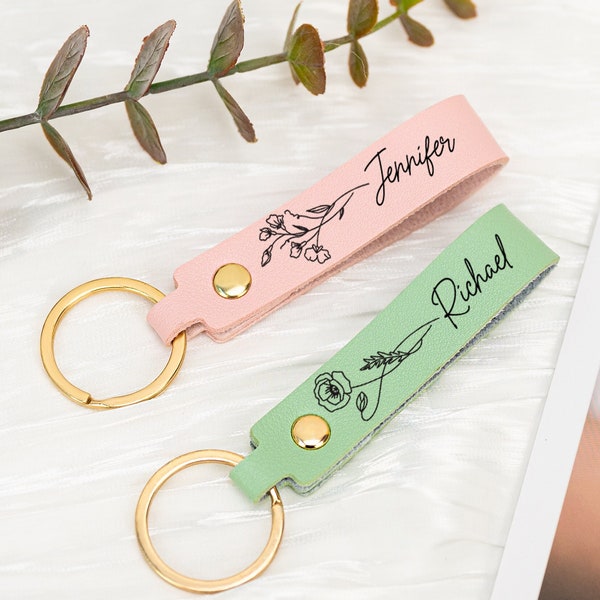 Personalized Birth Flower Keychain, Engraved Leather Keyring, Custom Birthday Gifts for Her, Birth Flwoer Gift with Name,Unique Holiday Gift