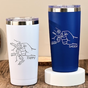 Engraved Dad Fist Bump Kids Names Tumbler, Fathers Day Gift for Daddy, Laser Engraved 20oz Stainless Steel Cup, Personalised Tumbler for Dad