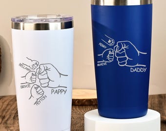 Engraved Dad Fist Bump Kids Names Tumbler, Fathers Day Gift for Daddy, Laser Engraved 20oz Stainless Steel Cup, Personalised Tumbler for Dad