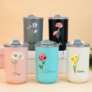 Personalized Birth Flower Tumbler, Bridesmaid Tumbler with Lid, Bride Gift Ideas, Bride Tumbler, Bridesmaid Cups, Bridesmaid Proposal Gift