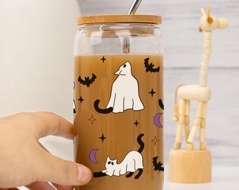 Bicchiere di Halloween a forma di gatto fantasma da 16 once, bicchiere di vetro, mamma di gatti, amante dei gatti, maglione per gatti, maglietta da caffè di Halloween, tazza da caffè freddo, bicchiere di Halloween