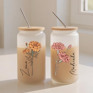 Custom Birth Flower Glass Cup, Personalized Iced Coffee Cup with Name Gift, Glass Tumbler For Bridesmaid Gift, Mother&#39;s Day Gifts