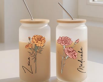 Custom Birth Flower Glass Cup, Personalized Iced Coffee Cup with Name Gift, Glass Tumbler For Bridesmaid Gift, Mother's Day Gifts