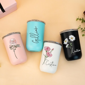 Personalized Birth Flower Tumbler, Bridesmaid Tumbler with Lid, Bride Gift Ideas, Bride Tumbler, Bridesmaid Cups, Bridesmaid Proposal Gift