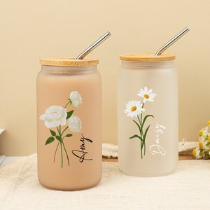 Custom Birth Flower Tumbler, Personalized Iced Coffee Cup with Name Gift, Glass Tumbler For Bridesmaid Gift, Wedding Gift, Party Favors