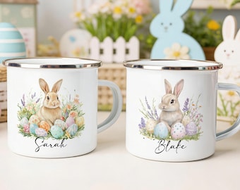 Personalized Kids Easter Enamel Mug, Bunny Rabbit Cup with Name, Custom Easter Camp Mug, Unbreakable Toddler Gift, Metal Mug for Girls