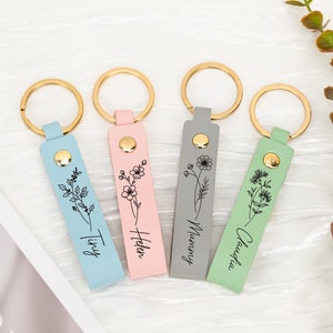 Personalized Birth Flower Keychain, Engraved Leather Keyring, Birthday Gifts for Her Mom, Bridesmaid Gifts, Mothers Day Gifts