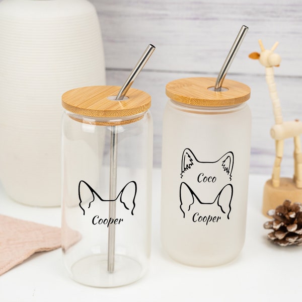 Personalized Dog Ear Coffee Cup with Name, Custom Dog Name Tumbler, Bridesmaid Proposal, Gifts for Her, Pet, Dog, Puppy Glass Mug