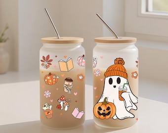 Personalized Halloween Ghost Glass Tumbler, Spooky Season Iced Coffee Glass, Gift for Halloween, Cute Ghost Coffee Cup, Halloween Glass Cup