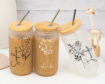 Custom Birth Flower Tumbler,Personalized Frosted Cup with Name Gift for Her,Glass Tumbler For Bridesmaid Gift,Birthday Gift,Beer Can For Mom