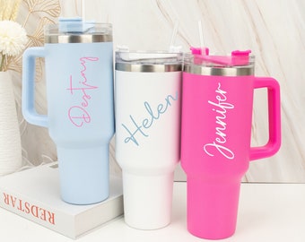 Personalised Name 40oz Double Wall Insulated Cup Travel Bottle Rubber Handles Hot Cold Mug With Straw Gift for Her Birhtday Gift