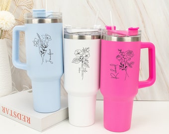 Personalized Birth Flower Tumbler, Custom Name 40oz Tumbler with Handle & Straw, Engraved Floral Cup, Bridesmaid Proposal, Wedding Gifts