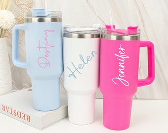 Personalised 40oz Double Wall Insulated Cup Travel Bottle Rubber Handles Hot Cold Mug With Straw Gift for Her Custom Name Cup Mothers Day