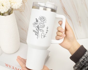 Birth Flower Tumbler, Custom 40oz Tumbler with Handle & Straw, Insulated Engraved Cup, Personalized Travel Cup,Mothers Day Gift,Gift for Mom