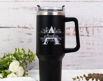 Personalized 40oz Tumbler with Handle, Custom Initial Name Travel Mug, Engraved Cup for Her, Laser Name Tumbler, Unique Holiday Gift for Her