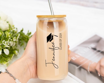 Personalized Iced Coffee 20oz Glass Cup, Graduation Gift, Class of College Graduation Gift for Her, Masters Degree Gifts, Class of 2024 Gift