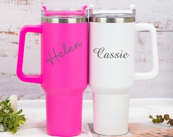 Custom Engraved Name 40oz Double Wall Insulated Cup, Personalized Travel Bottle Rubber Handles Hot Cold Mug With Straw, Gift for Her