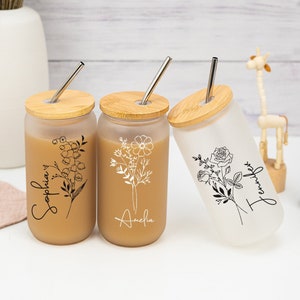 Custom Birth Flower Tumbler,Personalized Frosted Cup with Name Gift for Her,Glass Tumbler For Bridesmaid Gift,Birthday Gift,Beer Can For Mom