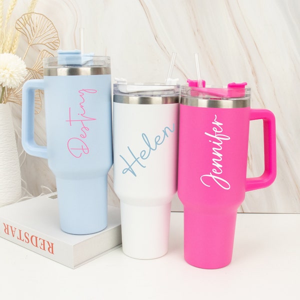 Personalised Name 40oz Double Wall Insulated Cup Travel Bottle Rubber Handles Hot Cold Mug With Straw Gift for Her Birhtday Gift