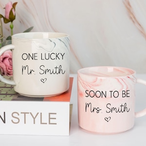 Personalised Engagement Gift, His & Hers Printed Mugs, Soon to be Mrs, One Lucky Mr, Marble Mugs, Bride To Be Mug, Set or Individual Mug