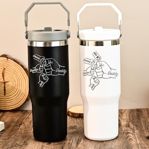 Personalized Father&#39;s Day Gift for Daddy, Engraved Dad Fist Bump Kids Names Tumbler, Custom Stainless Steel Cup, Travel Tumbler for Dad