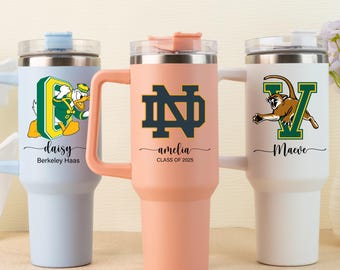 Vaso universitario personalizado de 40 oz con asa y pajita. Agrega tu logotipo. Regalos de graduación de 2025. Regalo para ella.