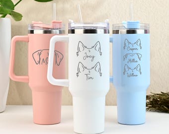 Regalo personalizado para la oreja de tu mascota, vaso personalizado de 40 oz con asa y pajita, taza térmica para ella, taza de viaje personalizada, regalo para mamá perruna